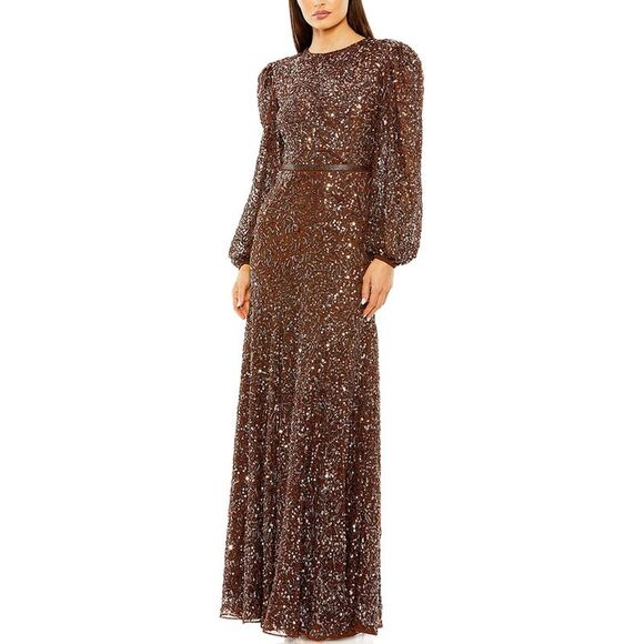 Mac Duggal WomensHigh Neck Bishop Sleeve Beaded A Line Gown Brown